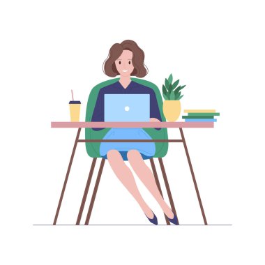 Sırasına oturmuş gülümseyen kadın dizüstü bilgisayarlar, kitaplar, bitki ve içeceklerle izole edilmiş beyaz arka plan çizimi yapıyor.