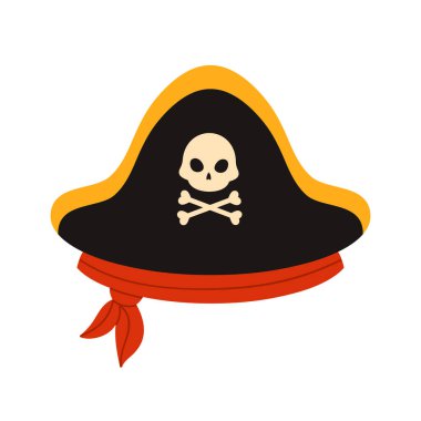 Kafatası ve çapraz kemikli siyah korsan şapkası, kırmızı bandana, beyaz arkaplan vektörü illüstrasyonunda izole.