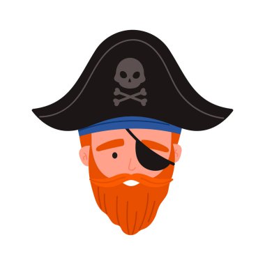 Kırmızı sakallı korsan yüzü, beyaz izole edilmiş arka plan çiziminde gözbağı ve kafatası şapkası var.