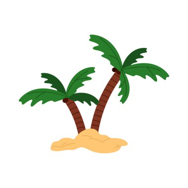 Beyaz arka planda izole edilmiş, küçük kumlu bir adada iki palmiye ağacı. Korsan temalı vektör illüstrasyonu için mükemmel.