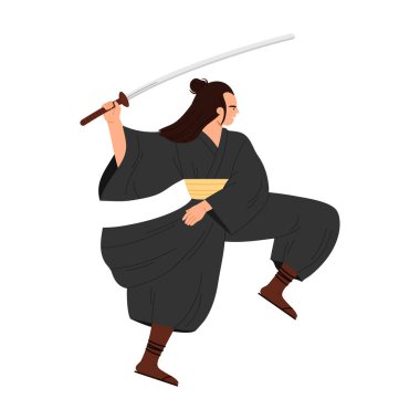 Siyah kimonolu geleneksel samuraylar dinamik olarak izole edilmiş poz veren katana kılıçlarını tutuyorlar.