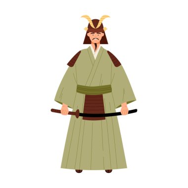 Zırhlı klasik samuray, beyaz arkaplan vektörü illüstrasyonunda tek başına duruyor.