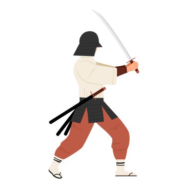Beyaz arkaplan çizimine izole edilmiş katana kılıçlı geleneksel samuray.