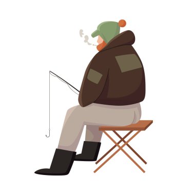 Kışlık giysiler içinde izole edilmiş bir adam, çubuk vektör çizimi olan bir taburede buzda balık tutuyor.