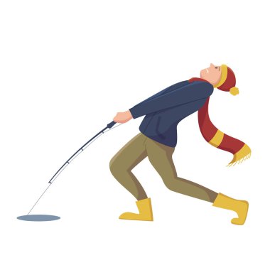 İzole edilmiş bir balıkçı, buz çukurunda olta ile boğuşuyor, sıcak giysi vektör çizimi takıyor.