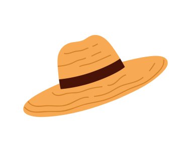 Beyaz arkaplan vektör illüstrasyonunda izole edilmiş kahverengi bantlı geniş hasır şapka