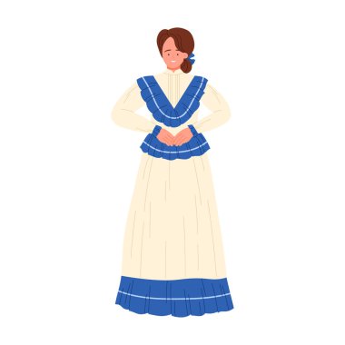 Geleneksel Arjantinli gülümseyen kadın beyaz izole vektör illüstrasyonunda mavi aksanlı elbiseler giyiyor.