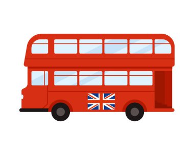 Union Jack bayrağıyla izole edilmiş kırmızı çift katlı otobüs klasik Britanya 'yı sembolize ediyor.
