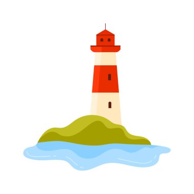 Yeşil adadaki kırmızı ve beyaz Kanada deniz feneri, beyaz vektör illüstrasyonunda izole edilmiş.