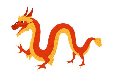 İzole edilmiş beyaz arka plan çizimi üzerinde çizgi film tarzında kırmızı ve sarı Çin ejderhası.