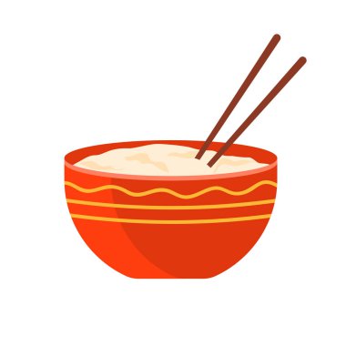 Asya yemek kavramları için beyaz zemin üzerinde çubuklar olan izole edilmiş kırmızı Çin pirinç kasesi vektör çizimi