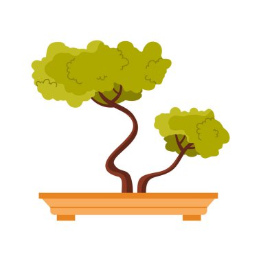 Kavisli gövdesi ve yeşil yaprak çizimi olan bir tencerede minimalist izole bonsai ağacı.
