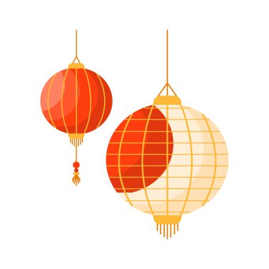 Festival ve kutlama vektörü illüstrasyonu için beyaz arka planda asılı iki renkli Çin feneri