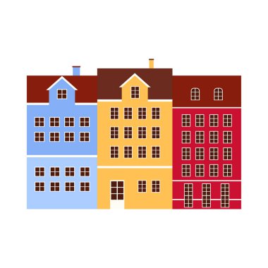 Beyaz izole edilmiş arka plan illüstrasyonunda klasik mimarisi olan üç renkli Danimarka şehir binası