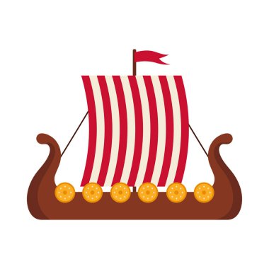 Beyaz arka plan çizgili yelkenli ve kalkanları olan klasik izole Danimarka Viking gemisi.