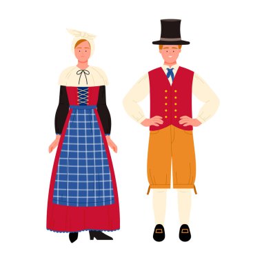 Geleneksel Danimarkalı kadın ve erkek kostümleri beyaz arka plan çizimleri üzerinde izole bir şekilde duruyor.