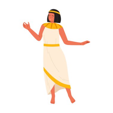 Beyaz ve altın rengi kostümlü gülümseyen eski Mısırlı kadın izole edilmiş beyaz arka plan çizimi