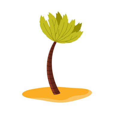 Yeşil yapraklı tek bir izole palmiye ağacı ve sarı çöl kum vektörü çiziminde kahverengi gövde.