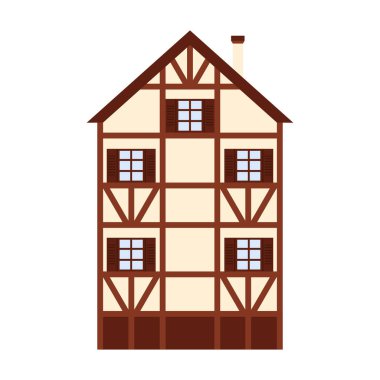 Beyaz vektör çizimine izole edilmiş kahverengi kirişli ve pencereli klasik Alman yarı keresteli evi.