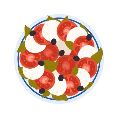 Yalıtılmış bir tabak çizimi üzerinde domates, peynir, zeytin ve fesleğen yapraklı Yunan salatasının üst görüntüsü