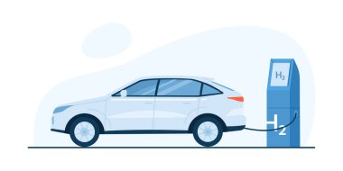 İzole edilmiş bir H2 istasyonunda beyaz arka plan illüstrasyonunda modern hidrojen yakıt ikmali.