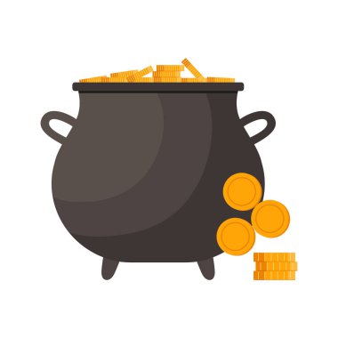 Altın sikkelerle dolu kara kazan, İrlanda şansını sembolize ediyor, beyaz arkaplan vektör illüstrasyonunda izole edilmiş