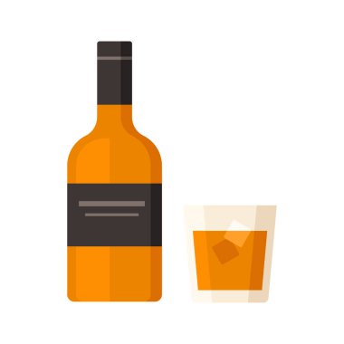 İzole edilmiş beyaz arka plan illüstrasyonunda buzlu İrlanda viski şişesi ve camının minimal düz tasarımı