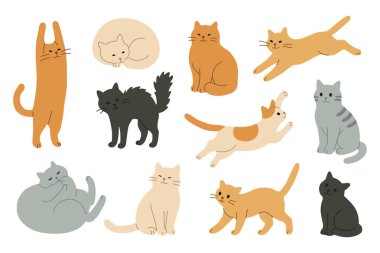 Değişik pozlarda komik şirin kediler. Esneme, uyuma, zıplama, oynama gibi. Çocuk projeleri için dostane düz stil, tasarım için karakter seti, beyaz arkaplan çizimi üzerine izole edilmiş
