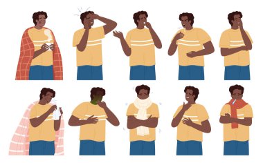 Hasta siyah bir adam öksürük, ateş, baş ağrısı, boğaz ağrısı, yorgunluğu ve çeşitli pozlarda hapşırma gibi belirtileri gösteriyor.