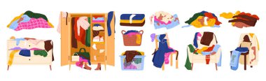 Çeşitli dağınık giysiler, taşan sepetler, dağınık sandalyeler ve beyaz arka plan çizimine izole edilmiş ev düzensizliğini ve çamaşır dağınıklığını gösteren düzensiz dolaplar.