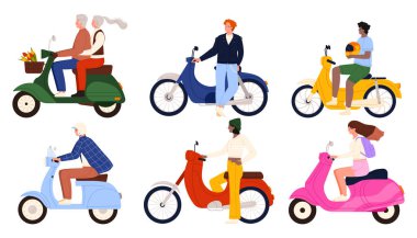 Bir grup erkek ve kadın çeşitli scooter ve motosiklet kullanıyor, kasklar ve günlük kıyafetler giyiyorlar, farklı yaş ve tarzları gösteriyorlar, beyaz arka plan çizimlerinde izole edilmiş.