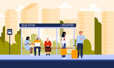 Farklı yaşlarda şehir sakinleri, binalar ve yeşilliklerle çevrili valiz ve çantalarla dolu bir otobüs durağında sıra bekliyorlar. Toplu taşıma konsepti çizimleri.