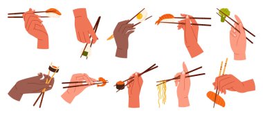 Çeşitli eller suşi, erişte ve sebzeleri tutmak için çubuk kullanıyor, değişik jestler ve Asya mutfağı kültürünü gösteriyor, beyaz arka plan çiziminde izole edilmiş.