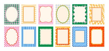 Dalgalı kenarları ve geometrik arkaplanı olan dekoratif çerçeveler, davetiyeler, afişler veya yaratıcı planlar için idealdir. Moda retro ve soyut biçim vektör illüstrasyonu