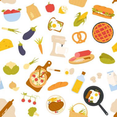 Çeşitli yemek malzemelerini, mutfak gereçlerini, sebzeleri, ekmeği, peyniri ve beyaz arka plan resimlerinde izole edilmiş hazır yemekleri içeren kusursuz desen.