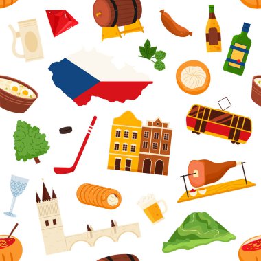 Geleneksel Çek sembolleri, yiyecekler, içecekler, simgeler ve kültürel simgeler pürüzsüz bir şekilde düzenlenmiş, seyahat ve miras temaları için ideal, beyaz arkaplan vektör ilülasyonunda izole edilmiş
