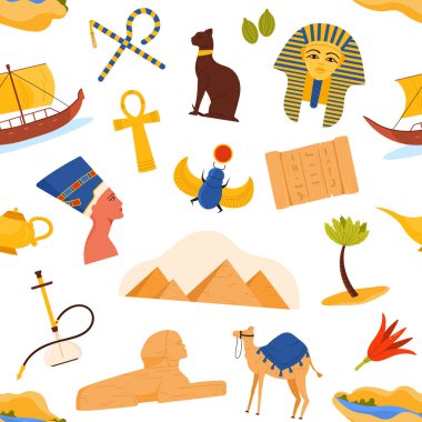 Mısır kültür simgeleri piramitler, firavun maskesi, sfenks, böcek, ankh ve teknelerin beyaz arkaplan vektör ilülasyonu üzerinde izole edilmiş, pürüzsüz tekrar eden desenleri içerir.