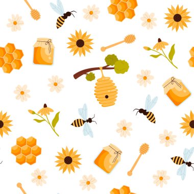 Bal kavanozları, arılar, bal petekleri, ayçiçekleri, papatyalar ve arı kovanları içeren kusursuz desen, doğa ve bal temalı tasarımlar için ideal, beyaz arkaplan vektör ilülasyonunda izole edilmiş.