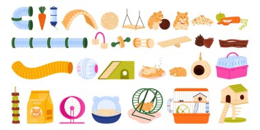 Beyaz arkaplanda izole edilmiş küçük hayvan bakımı ve evcil hayvan dükkanı tasarımı için kafesleri, tünelleri, tekerlekleri, yiyeceği, şekerlemeleri, oyuncakları ve uyuyan evcil hayvanları olan hamster seti