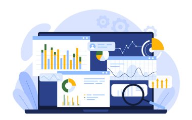 Performans grafikleri, dönüşüm ölçümleri ve stratejik karar verme vektörü çizimi için kampanya içgörülerini içeren dijital pazarlama analitik gösterge paneli kavramı