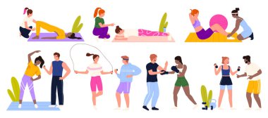 Sporculara esneme, boks, atlama ve dayanıklılık eğitimi, aktif sağlıklı yaşam tarzını teşvik etme, beyaz arkaplan vektör ilüstrasyonunda izole etme gibi çeşitli egzersizler boyunca rehberlik eden bir grup kişisel antrenör