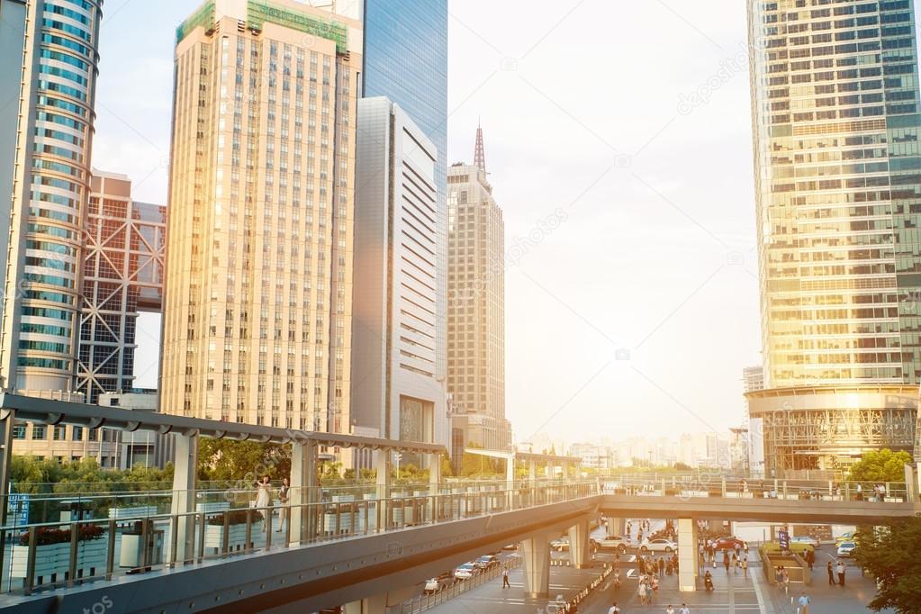 Shanghai city scape in sunset time. Modern enviroment.