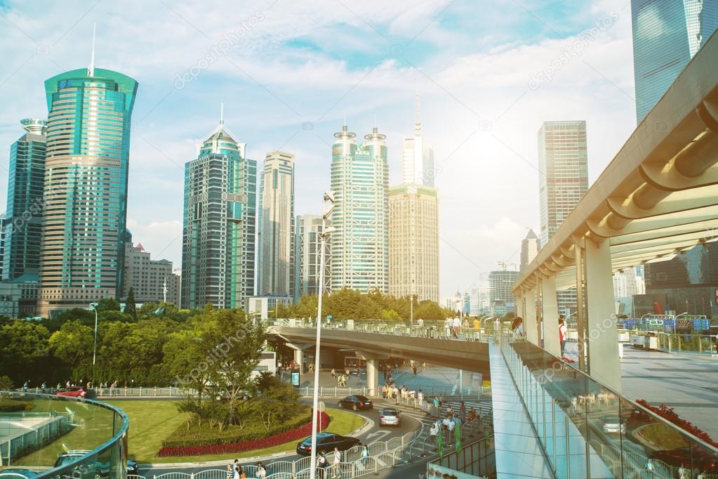 Shanghai city scape in sunset time. Modern enviroment.