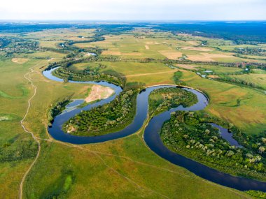 Ufukta kasabalı tarlalar ve ormanlar arasındaki eğri bir nehrin havadan görünüşü