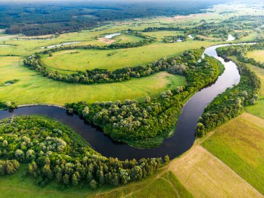 Tarlalar ve ormanlar arasındaki eğri bir nehrin havadan görünüşü
