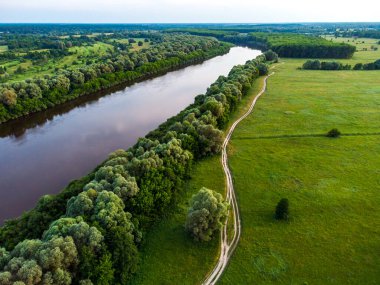 Nehir kenarındaki tozlu kırsal yolda ağaçlar var.