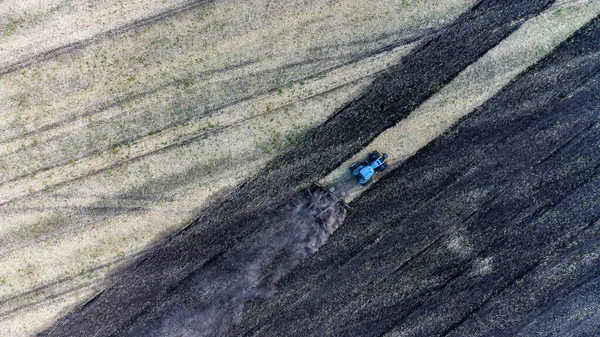 Trator Cultiva Terra Campo Após Colheita Trigo Milho Meados Verão — Fotografia de Stock