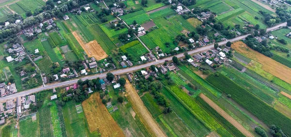 A village with houses and human gardens from a bird's eye view