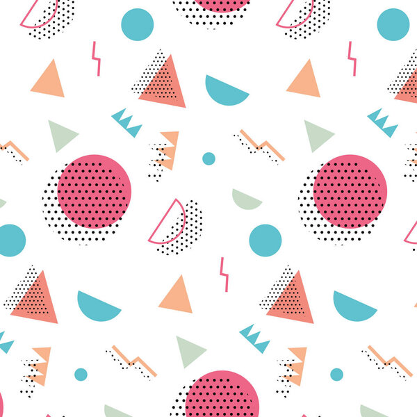 Мемфис образца 80-90-х годов на красном фоне. В стиле Мемфиса. Цветной геометрический узор различных форм цветовой стиль. Дизайн обложки, абстрактный узор, хипстерская мода.