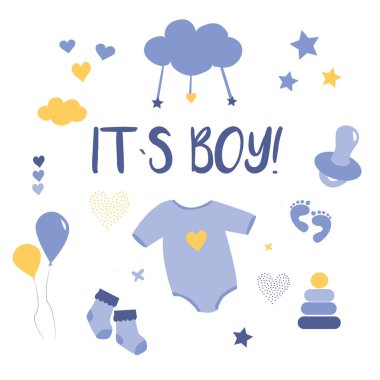 Tebrik kartı. Erkek. Çocuk posterleri. Bebek partisi illüstrasyonu seti. El yapımı yeni doğan çocuk eşyaları ve elementleri. Davetiyeler, kartlar, bebek dekoru. Çocukların yatak odası için yenidoğan ölçüsü.